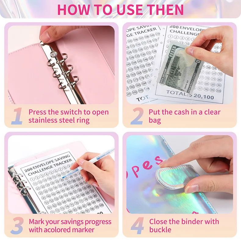 100 Envelopes Challenge Loose-Leaf Notebook 200 Days Saving Money Cash Envelope Saving Challenge Book Leather Durable Paper display picture 10