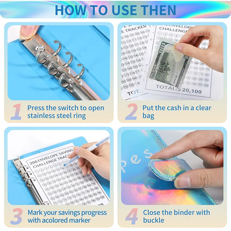 100 Envelopes Challenge Loose-Leaf Notebook 200 Days Saving Money Cash Envelope Saving Challenge Book Leather Durable Paper display picture 16