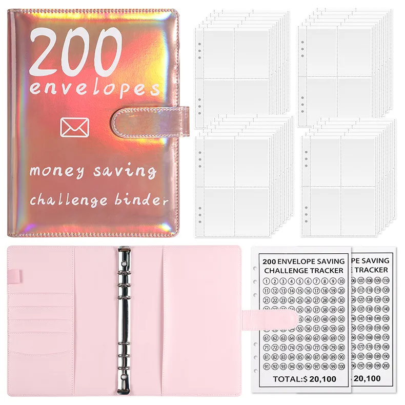 100 Envelopes Challenge Loose-Leaf Notebook 200 Days Saving Money Cash Envelope Saving Challenge Book Leather Durable Paper display picture 19