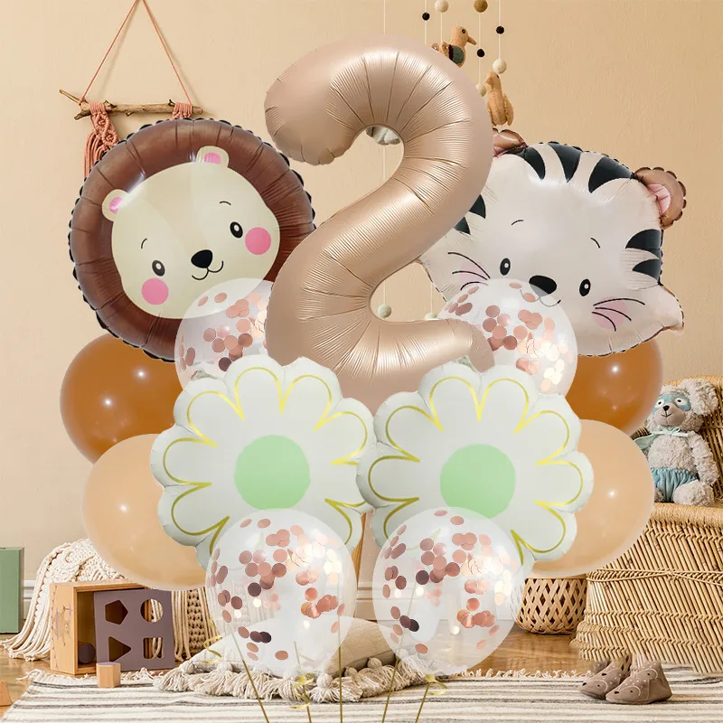 Retro Forest Tiger Lion Animal Balloon Set Caramel Digital Birthday Party Decoration Balloon Aluminum Foil Material display picture 4