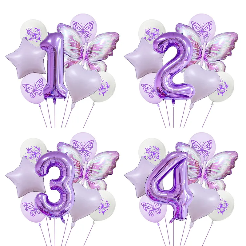 New Purple Butterfly Foil Balloon Decoration Matte Heart-Shaped Stars One Year Old Birthday Printing Butterfly Rubber Balloons display picture 1