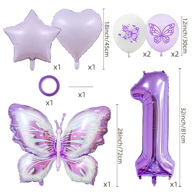 New Purple Butterfly Foil Balloon Decoration Matte Heart-Shaped Stars One Year Old Birthday Printing Butterfly Rubber Balloons display picture 2