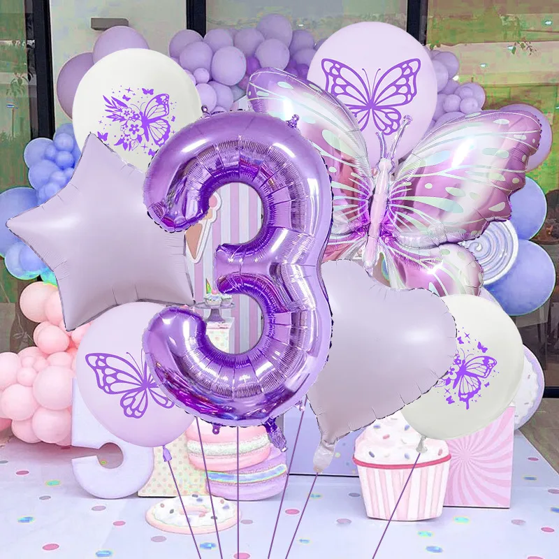 New Purple Butterfly Foil Balloon Decoration Matte Heart-Shaped Stars One Year Old Birthday Printing Butterfly Rubber Balloons display picture 4