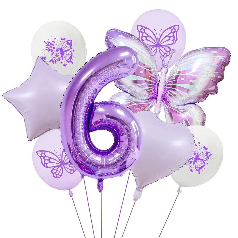 New Purple Butterfly Foil Balloon Decoration Matte Heart-Shaped Stars One Year Old Birthday Printing Butterfly Rubber Balloons display picture 10