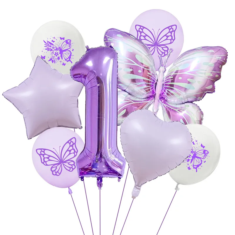 New Purple Butterfly Foil Balloon Decoration Matte Heart-Shaped Stars One Year Old Birthday Printing Butterfly Rubber Balloons display picture 5