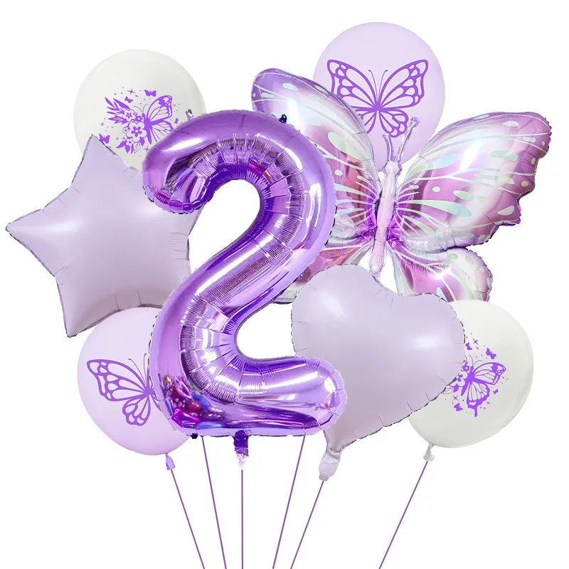 New Purple Butterfly Foil Balloon Decoration Matte Heart-Shaped Stars One Year Old Birthday Printing Butterfly Rubber Balloons display picture 6