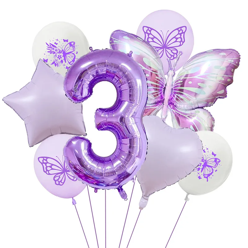 New Purple Butterfly Foil Balloon Decoration Matte Heart-Shaped Stars One Year Old Birthday Printing Butterfly Rubber Balloons display picture 7