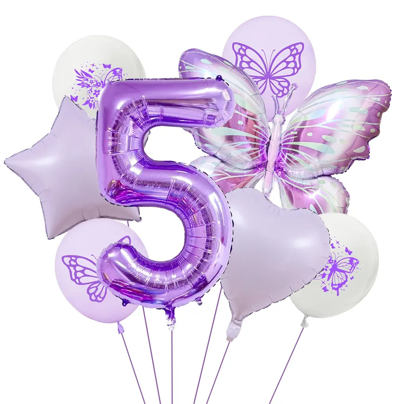 New Purple Butterfly Foil Balloon Decoration Matte Heart-Shaped Stars One Year Old Birthday Printing Butterfly Rubber Balloons display picture 9