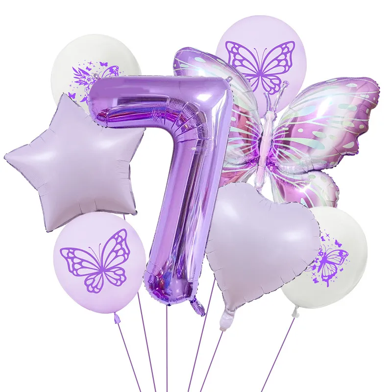 New Purple Butterfly Foil Balloon Decoration Matte Heart-Shaped Stars One Year Old Birthday Printing Butterfly Rubber Balloons display picture 11