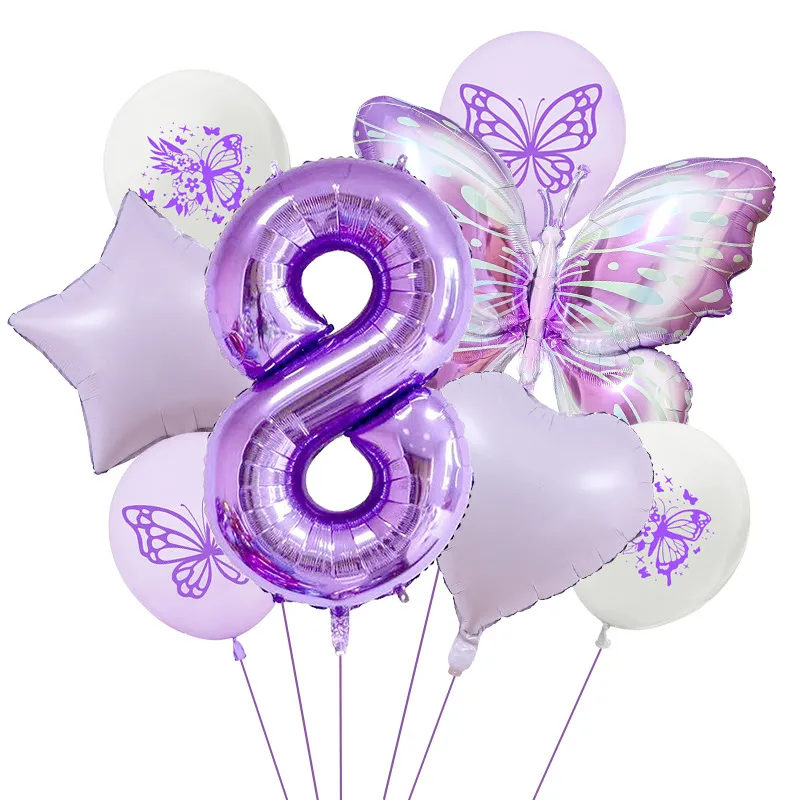 New Purple Butterfly Foil Balloon Decoration Matte Heart-Shaped Stars One Year Old Birthday Printing Butterfly Rubber Balloons display picture 12