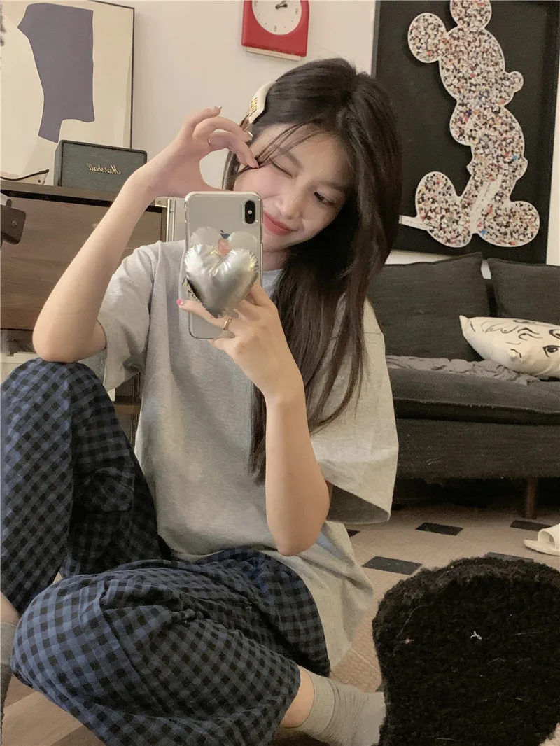 Fashion Style Women's Summer Pajamas Short-Sleeved Casual Plaid Pants Home Wear Two-Piece Set Breathable Comfortable Trueran Blend display picture 2