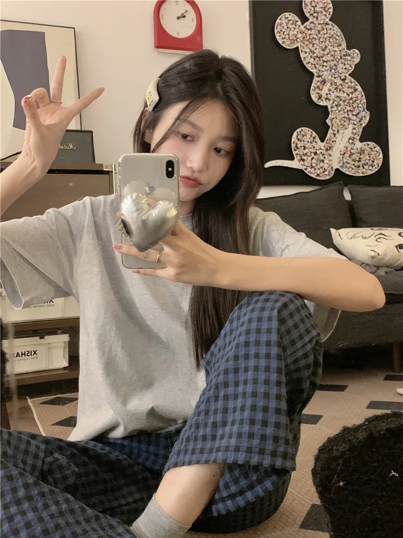 Fashion Style Women's Summer Pajamas Short-Sleeved Casual Plaid Pants Home Wear Two-Piece Set Breathable Comfortable Trueran Blend display picture 3