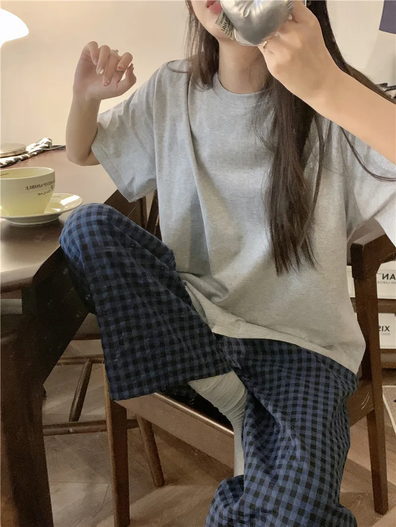 Fashion Style Women's Summer Pajamas Short-Sleeved Casual Plaid Pants Home Wear Two-Piece Set Breathable Comfortable Trueran Blend display picture 4