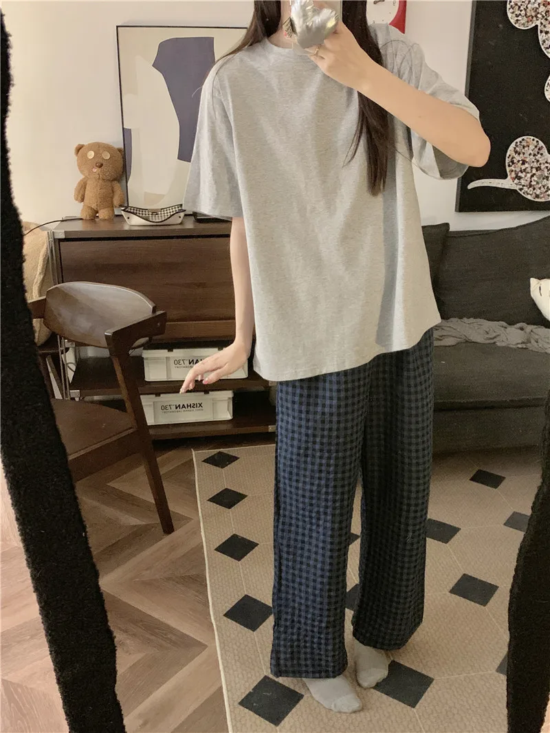Fashion Style Women's Summer Pajamas Short-Sleeved Casual Plaid Pants Home Wear Two-Piece Set Breathable Comfortable Trueran Blend display picture 5