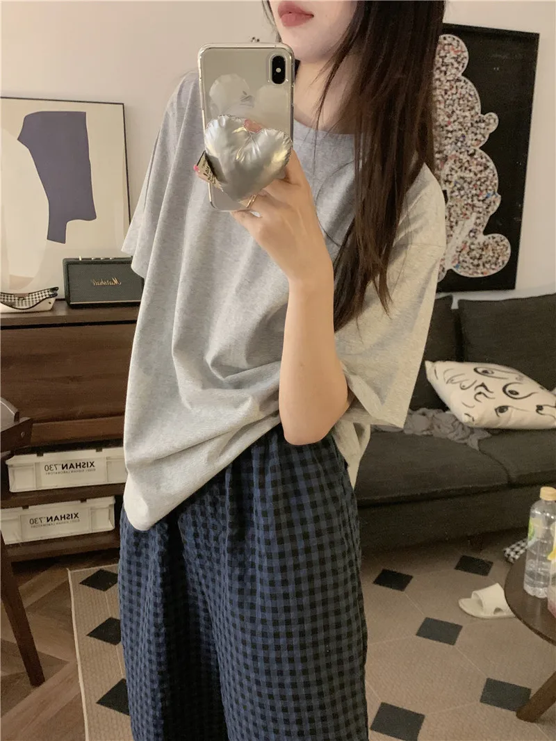 Fashion Style Women's Summer Pajamas Short-Sleeved Casual Plaid Pants Home Wear Two-Piece Set Breathable Comfortable Trueran Blend display picture 6