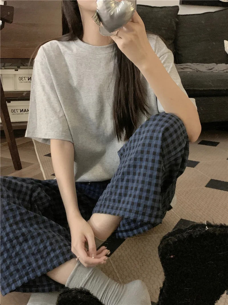 Fashion Style Women's Summer Pajamas Short-Sleeved Casual Plaid Pants Home Wear Two-Piece Set Breathable Comfortable Trueran Blend display picture 7
