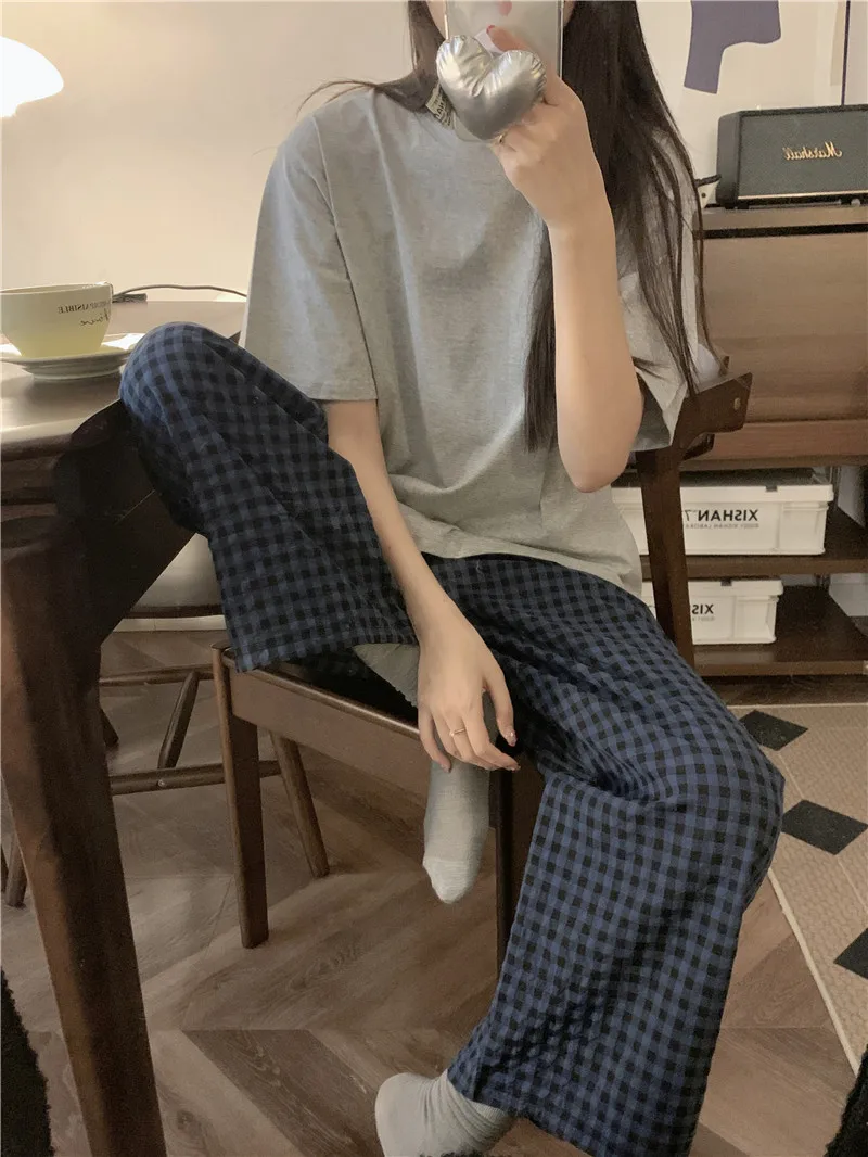 Fashion Style Women's Summer Pajamas Short-Sleeved Casual Plaid Pants Home Wear Two-Piece Set Breathable Comfortable Trueran Blend display picture 8