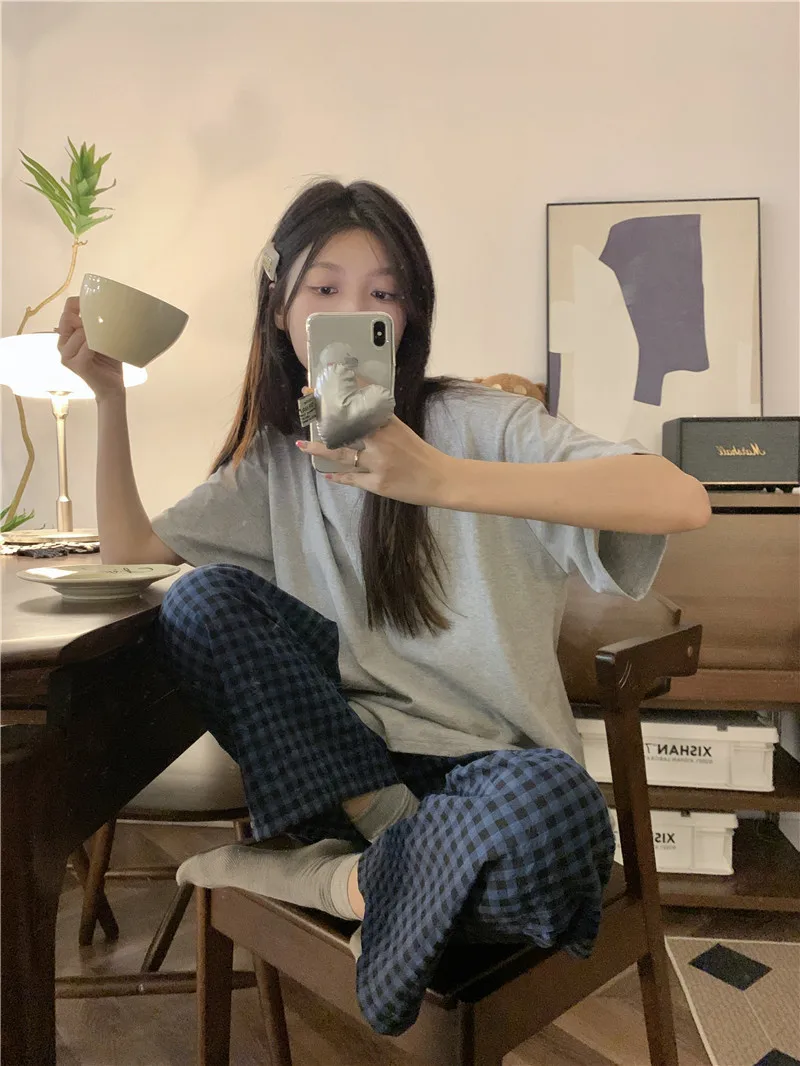 Fashion Style Women's Summer Pajamas Short-Sleeved Casual Plaid Pants Home Wear Two-Piece Set Breathable Comfortable Trueran Blend display picture 9