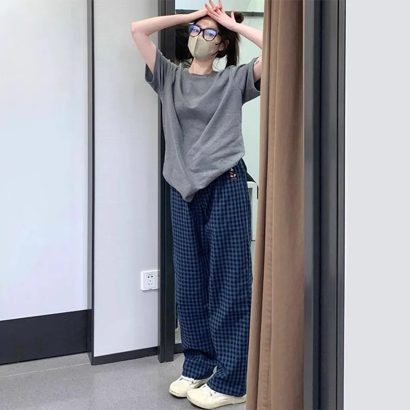 Fashion Style Women's Summer Pajamas Short-Sleeved Casual Plaid Pants Home Wear Two-Piece Set Breathable Comfortable Trueran Blend display picture 21