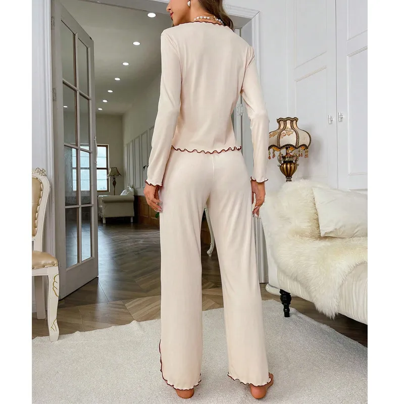 Spring  New V-neck Cardigan Pajamas Women's Suit European-Style High-Grade Bell-Sleeve Trousers Floral Homewear display picture 3