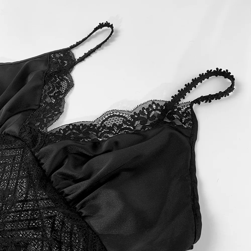 Sexy Black Lace Women's Nightdress Summer Thin Ice Silk Sling V-neck Skirt Home Wear Breathable Casual Pajamas display picture 9
