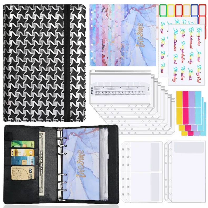 Creative Leather Ring Loose Leaf Notebook Suitable For Financial Planner Accounting Notebook Pink XINGX Marble Design With Storage And Stickers display picture 1