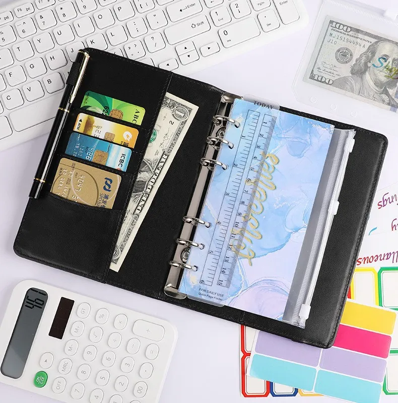 Creative Leather Ring Loose Leaf Notebook Suitable For Financial Planner Accounting Notebook Pink XINGX Marble Design With Storage And Stickers display picture 7