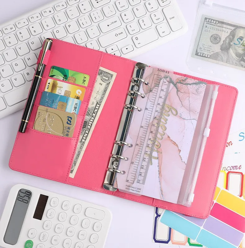 Creative Leather Ring Loose Leaf Notebook Suitable For Financial Planner Accounting Notebook Pink XINGX Marble Design With Storage And Stickers display picture 10