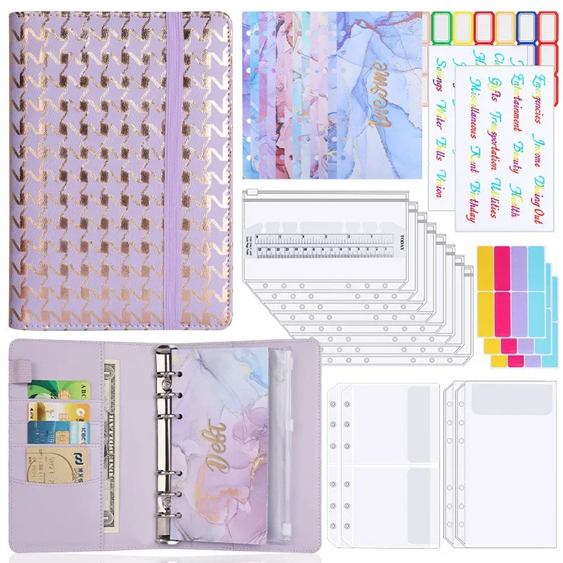 Creative Leather Ring Loose Leaf Notebook Suitable For Financial Planner Accounting Notebook Pink XINGX Marble Design With Storage And Stickers display picture 11