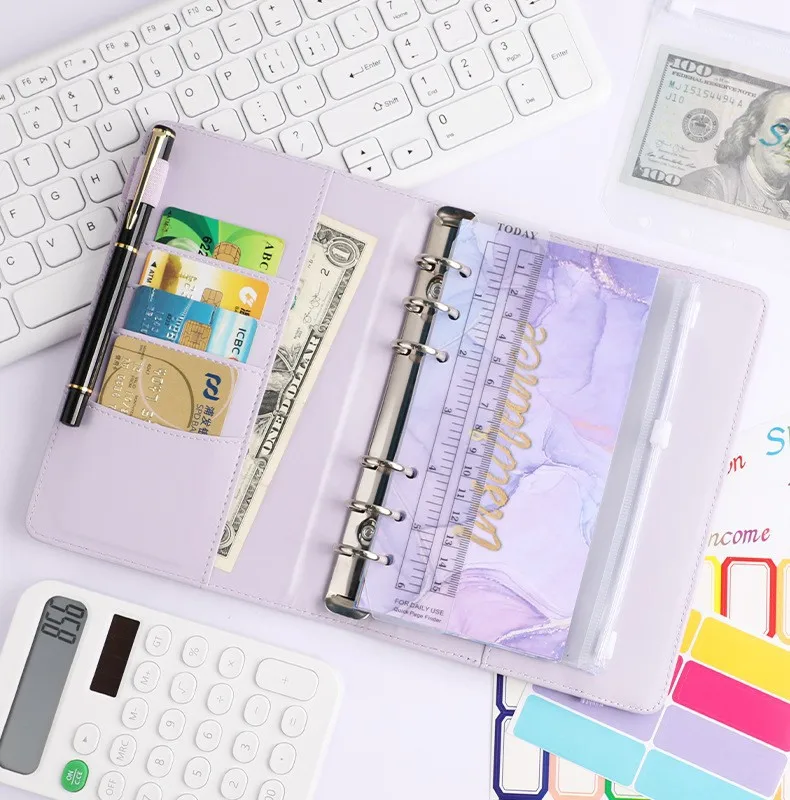 Creative Leather Ring Loose Leaf Notebook Suitable For Financial Planner Accounting Notebook Pink XINGX Marble Design With Storage And Stickers display picture 13