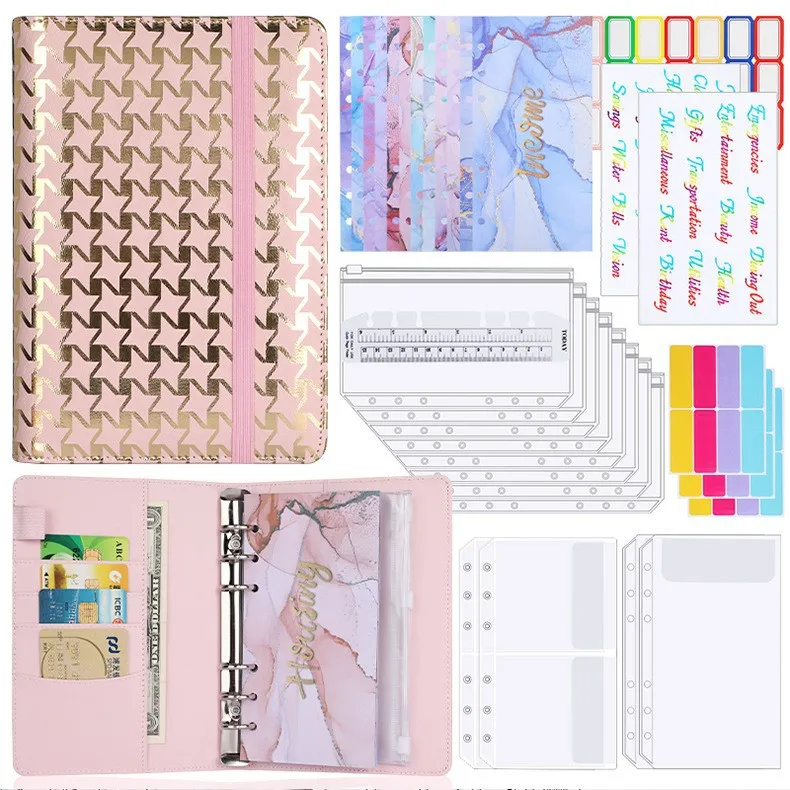 Creative Leather Ring Loose Leaf Notebook Suitable For Financial Planner Accounting Notebook Pink XINGX Marble Design With Storage And Stickers display picture 14