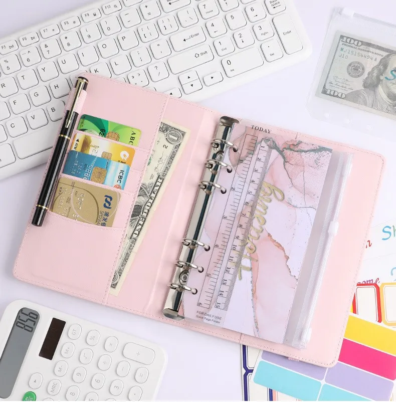 Creative Leather Ring Loose Leaf Notebook Suitable For Financial Planner Accounting Notebook Pink XINGX Marble Design With Storage And Stickers display picture 16