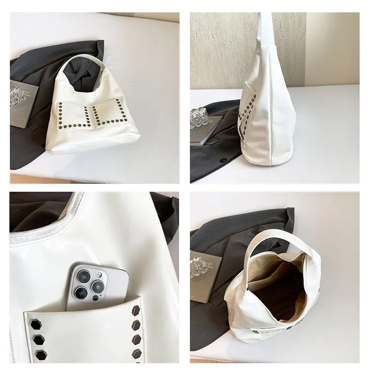 Large Size Retro Oil Leather Rivet Decorated Tote Bag Women's Single Shoulder Bag Casual Pure Color Dumpling Shape Street Style display picture 7