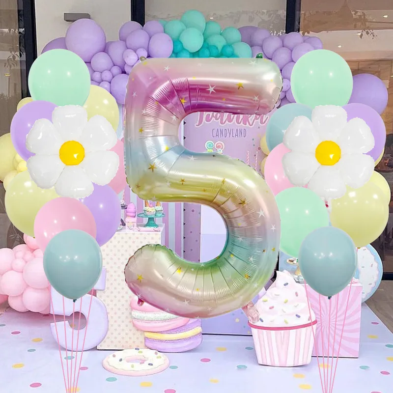 40 "Gradient Rainbow XINGX Number Aluminum Foil Daisy Theme Balloon Set Suitable For Birthday Party Decorations And Celebrations display picture 5