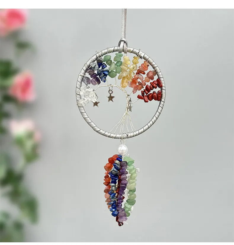 Handmade Crystal Stone Dreamcatcher Car Pendant Luxury Vehicle Interior Design Decoration Lady Style Iron Hoop Copper Wire display picture 4