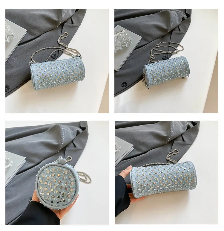 Casual Denim Color Block Shoulder Bag Women's Crossbody Handbag Fashion Studs Chain Strap Street Style Pure Color Handbag display picture 1