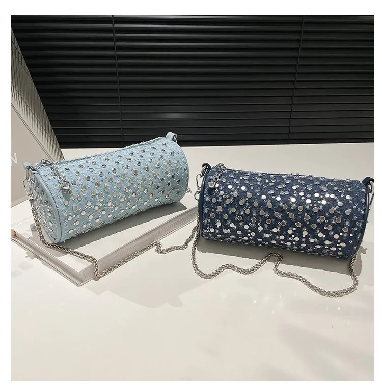 Casual Denim Color Block Shoulder Bag Women's Crossbody Handbag Fashion Studs Chain Strap Street Style Pure Color Handbag display picture 12