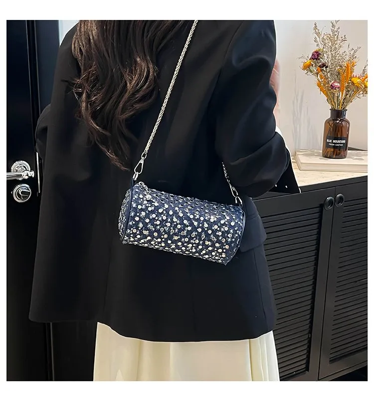 Casual Denim Color Block Shoulder Bag Women's Crossbody Handbag Fashion Studs Chain Strap Street Style Pure Color Handbag display picture 18