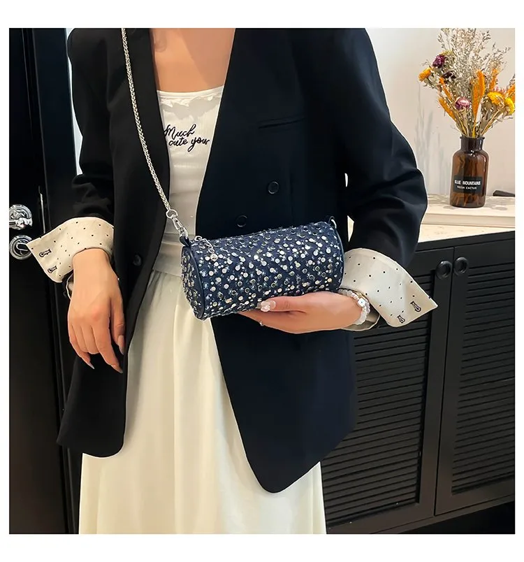 Casual Denim Color Block Shoulder Bag Women's Crossbody Handbag Fashion Studs Chain Strap Street Style Pure Color Handbag display picture 10