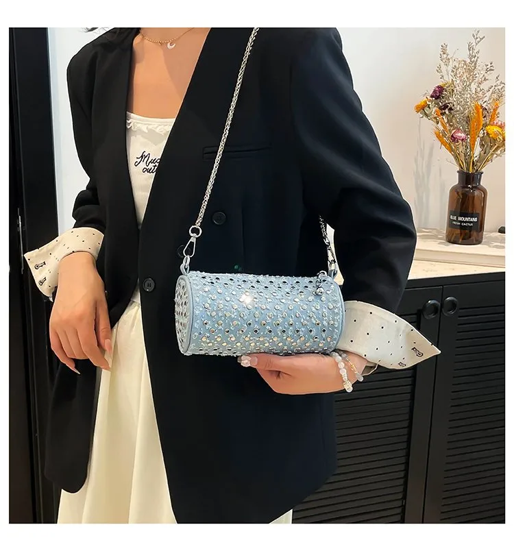 Casual Denim Color Block Shoulder Bag Women's Crossbody Handbag Fashion Studs Chain Strap Street Style Pure Color Handbag display picture 17