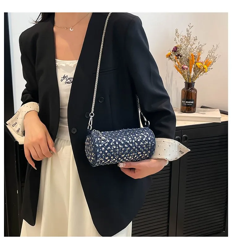 Casual Denim Color Block Shoulder Bag Women's Crossbody Handbag Fashion Studs Chain Strap Street Style Pure Color Handbag display picture 6