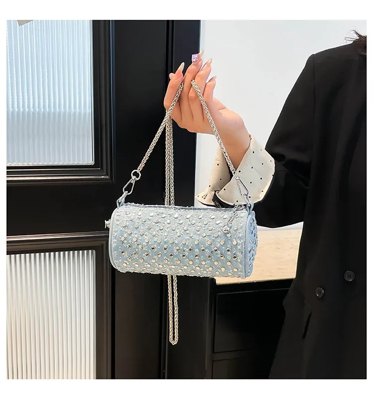 Casual Denim Color Block Shoulder Bag Women's Crossbody Handbag Fashion Studs Chain Strap Street Style Pure Color Handbag display picture 14