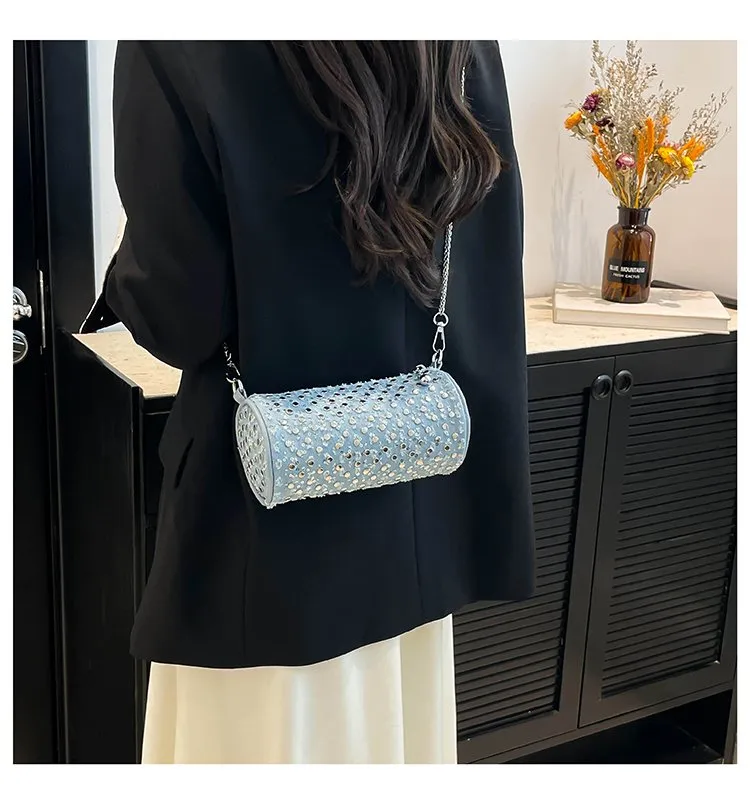 Casual Denim Color Block Shoulder Bag Women's Crossbody Handbag Fashion Studs Chain Strap Street Style Pure Color Handbag display picture 20