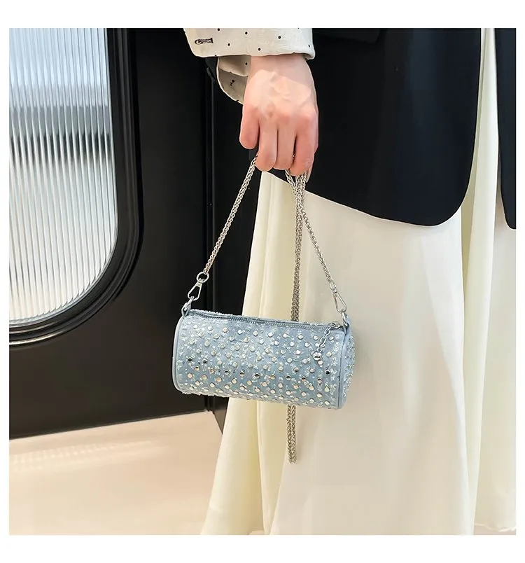 Casual Denim Color Block Shoulder Bag Women's Crossbody Handbag Fashion Studs Chain Strap Street Style Pure Color Handbag display picture 7