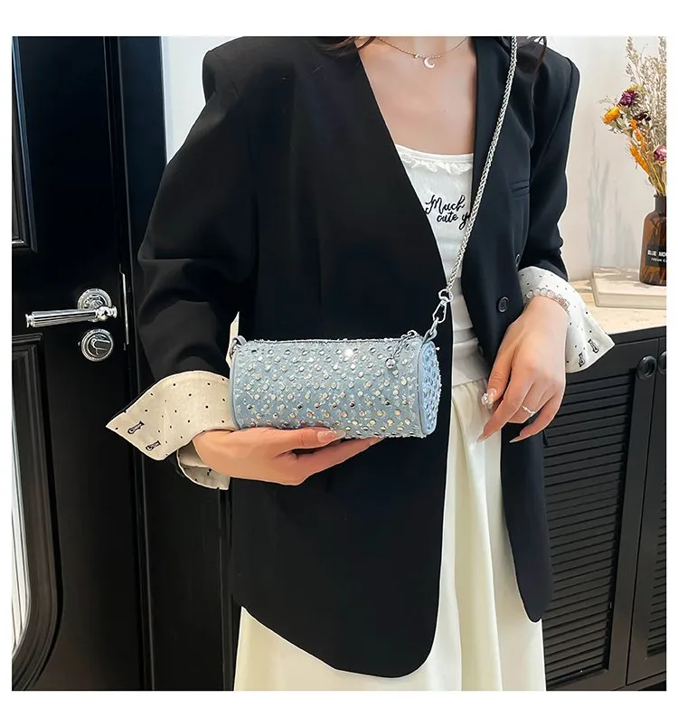 Casual Denim Color Block Shoulder Bag Women's Crossbody Handbag Fashion Studs Chain Strap Street Style Pure Color Handbag display picture 9