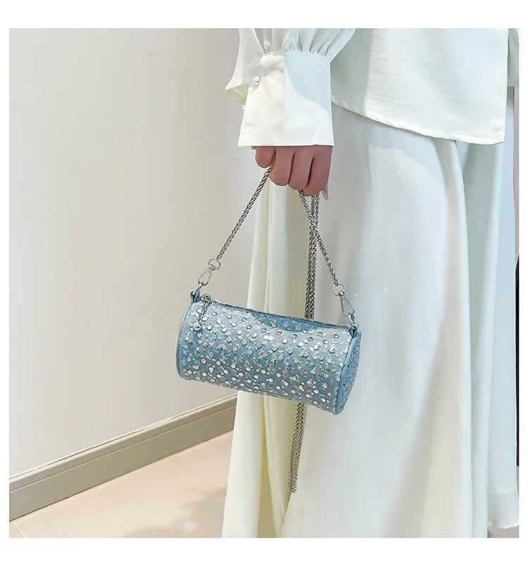 Casual Denim Color Block Shoulder Bag Women's Crossbody Handbag Fashion Studs Chain Strap Street Style Pure Color Handbag display picture 13