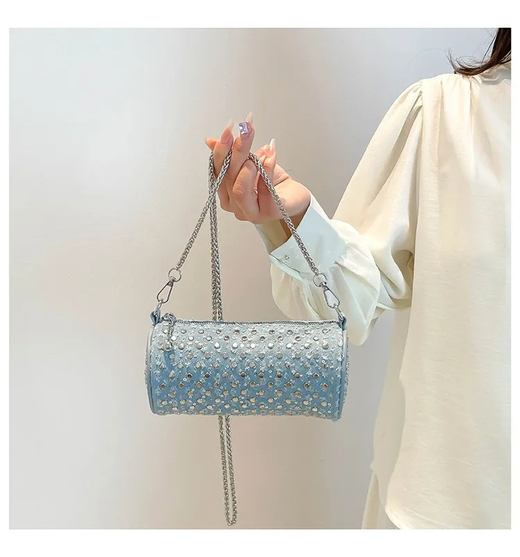 Casual Denim Color Block Shoulder Bag Women's Crossbody Handbag Fashion Studs Chain Strap Street Style Pure Color Handbag display picture 16