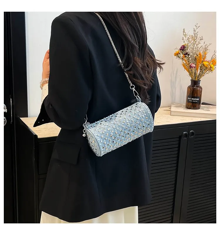 Casual Denim Color Block Shoulder Bag Women's Crossbody Handbag Fashion Studs Chain Strap Street Style Pure Color Handbag display picture 21
