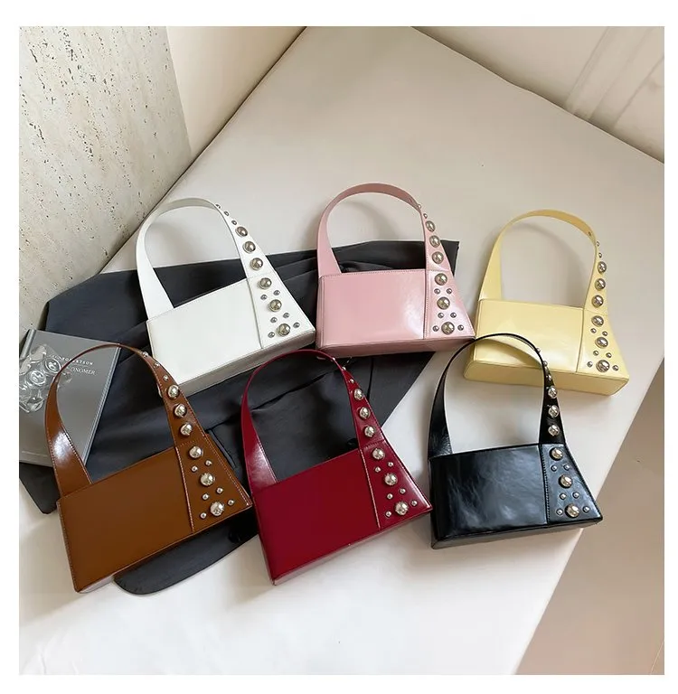 Street Style Square Artificial Leather Shoulder Bag For Women With Zipper Closure Underarm Decorative Rivets Single Strap display picture 2