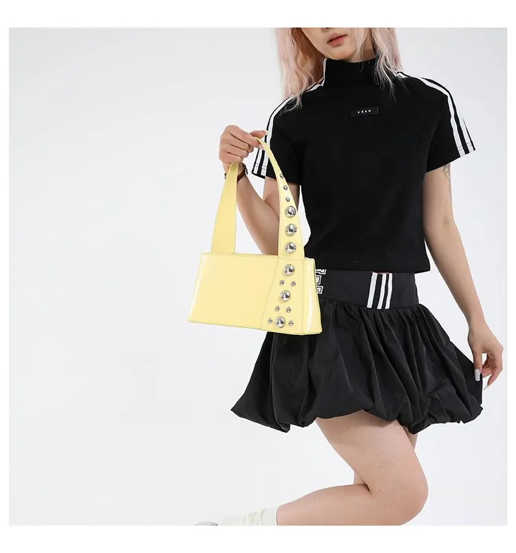 Street Style Square Artificial Leather Shoulder Bag For Women With Zipper Closure Underarm Decorative Rivets Single Strap display picture 1